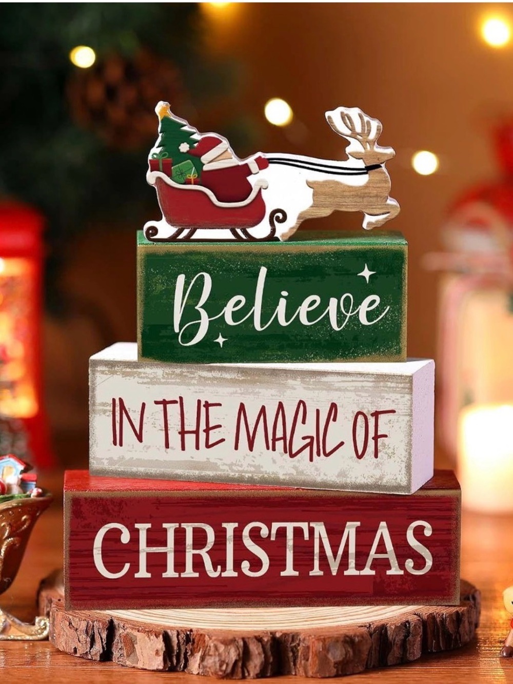 Holiday Wooden Block Stack - Believe in the Magic of Christmas (Green/Red/White)